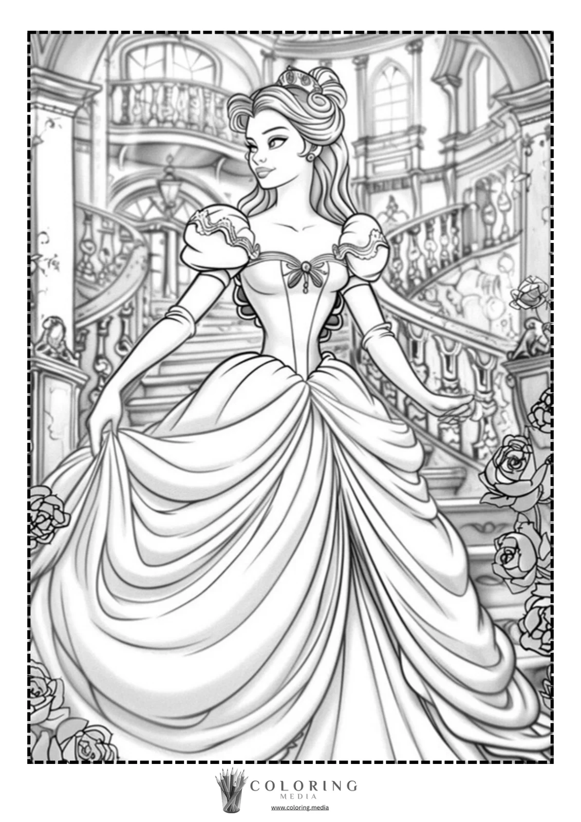 A princess in a flowing gown walks gracefully down a grand staircase.