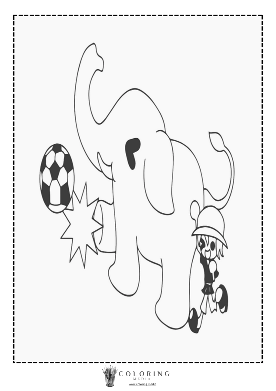 An elephant playfully kicks a soccer ball alongside a child.