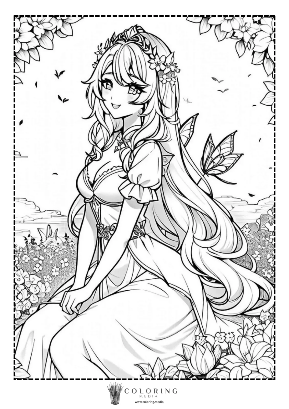 A smiling girl with long hair sits among flowers, wearing a flowing dress.