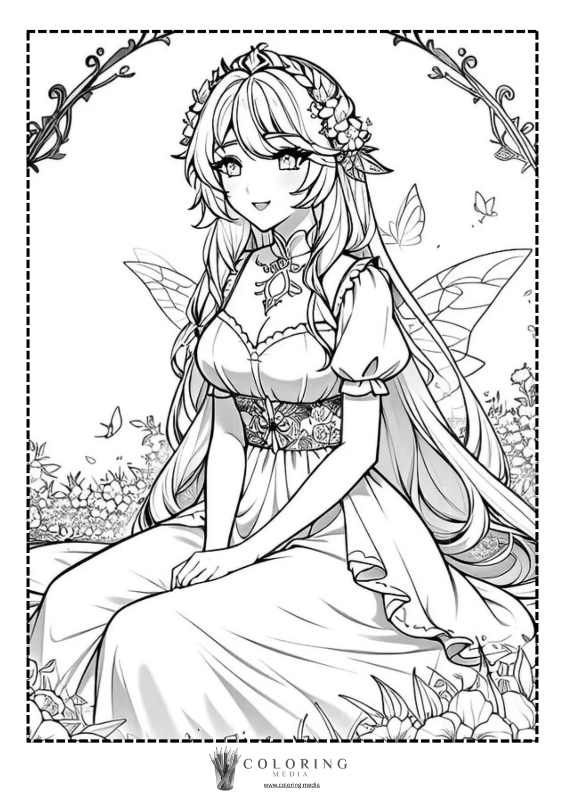 A fairy with long hair sits among flowers, smiling gently.