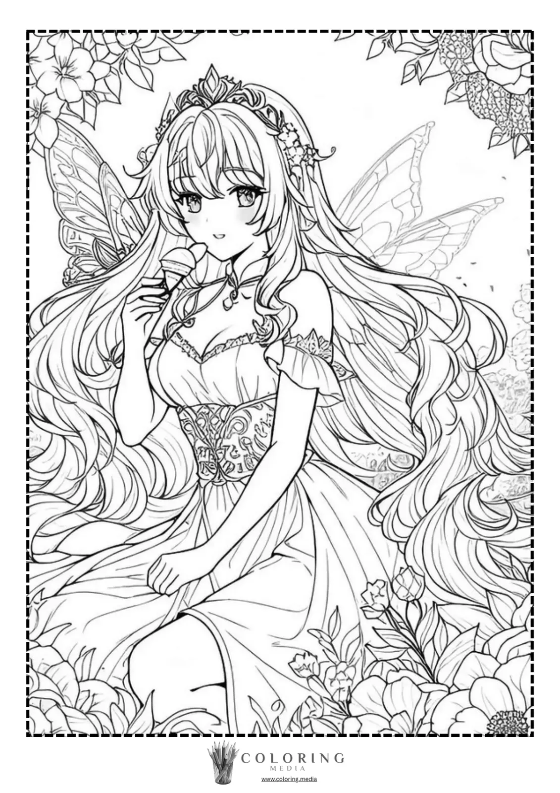 A girl with long hair and butterfly wings holds an ice cream cone.