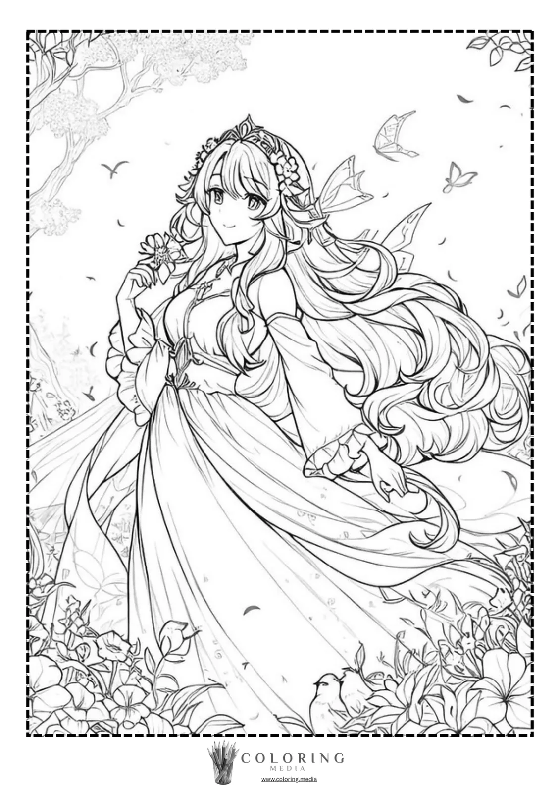 A woman in a flowing dress holds a flower, surrounded by nature and butterflies.