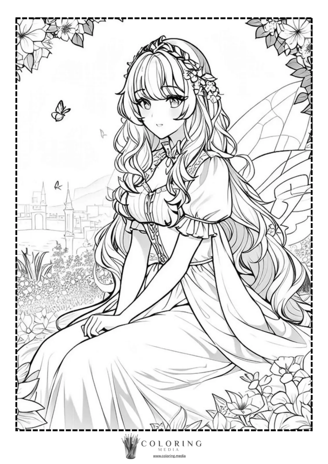 A fairy with long hair sits gracefully among flowers, gazing thoughtfully.