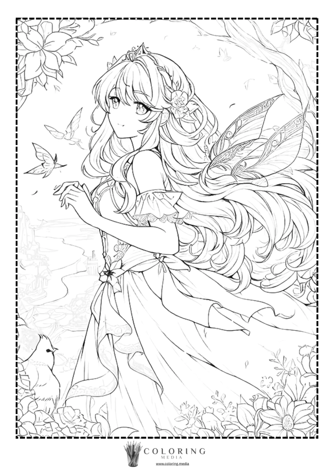 A fairy with long hair and wings stands amidst flowers and butterflies.