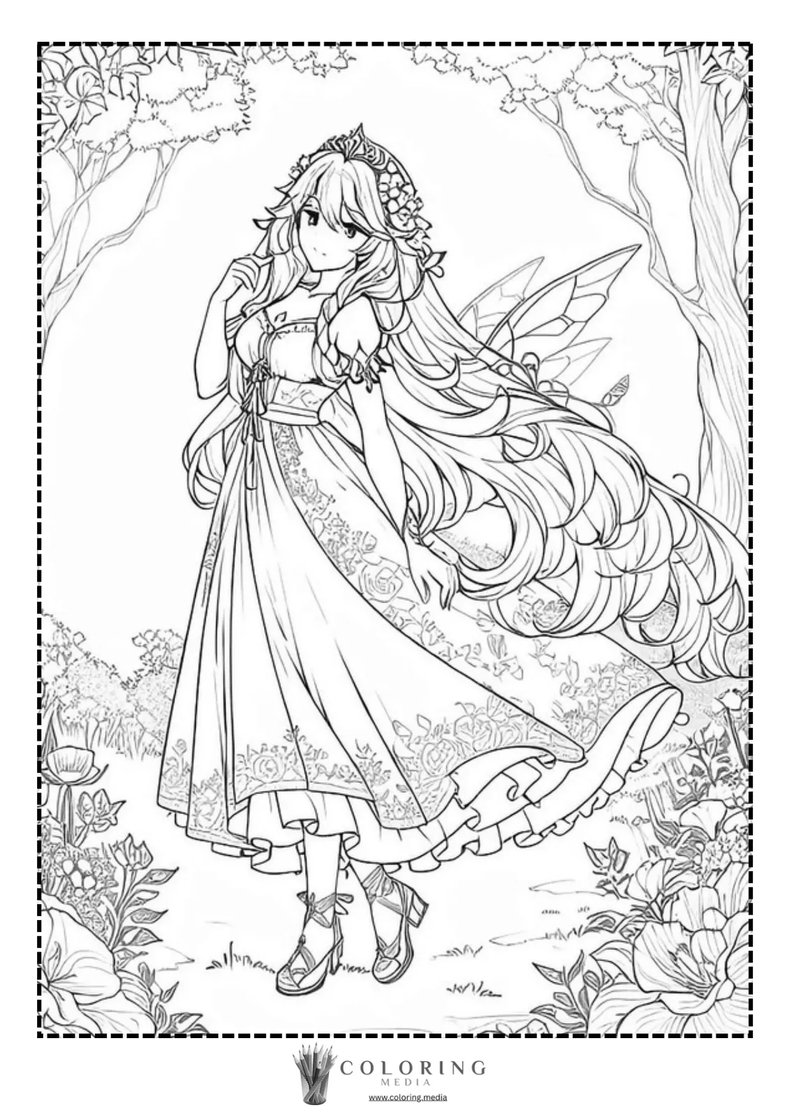 A fairy with long hair stands gracefully among flowers in a forest.