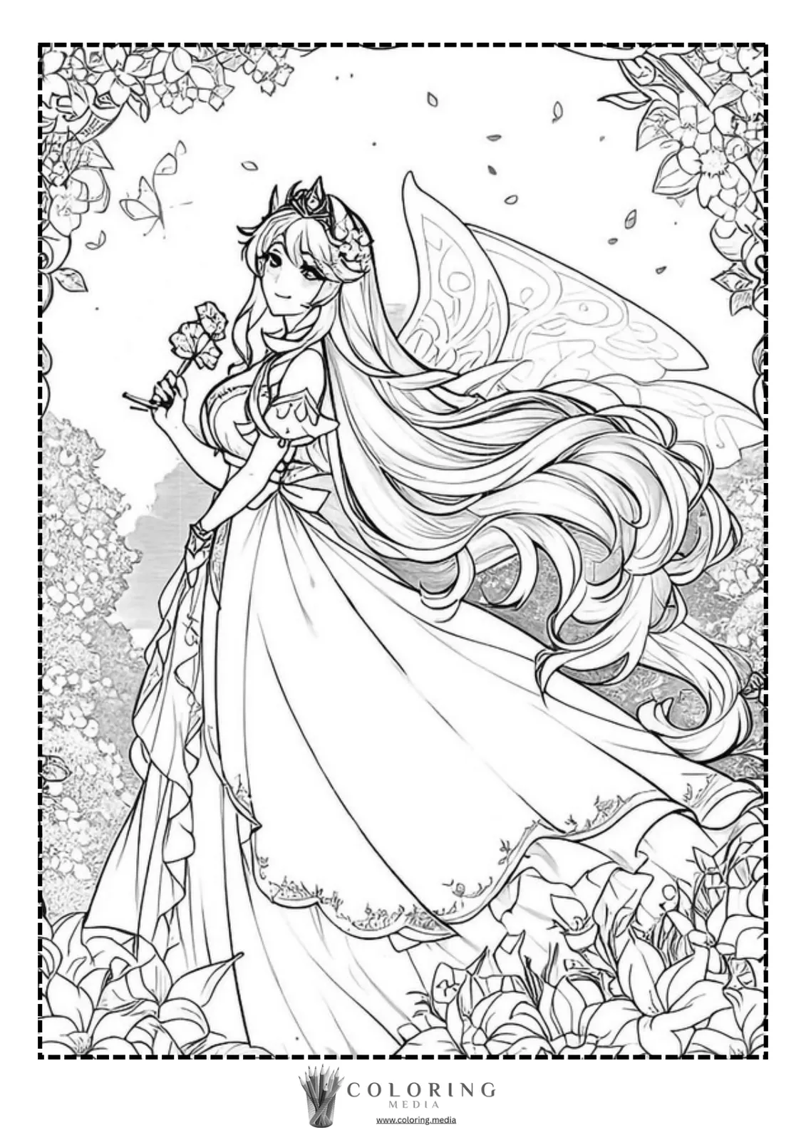A fairy princess holds a flower, surrounded by blooming flowers and butterflies.