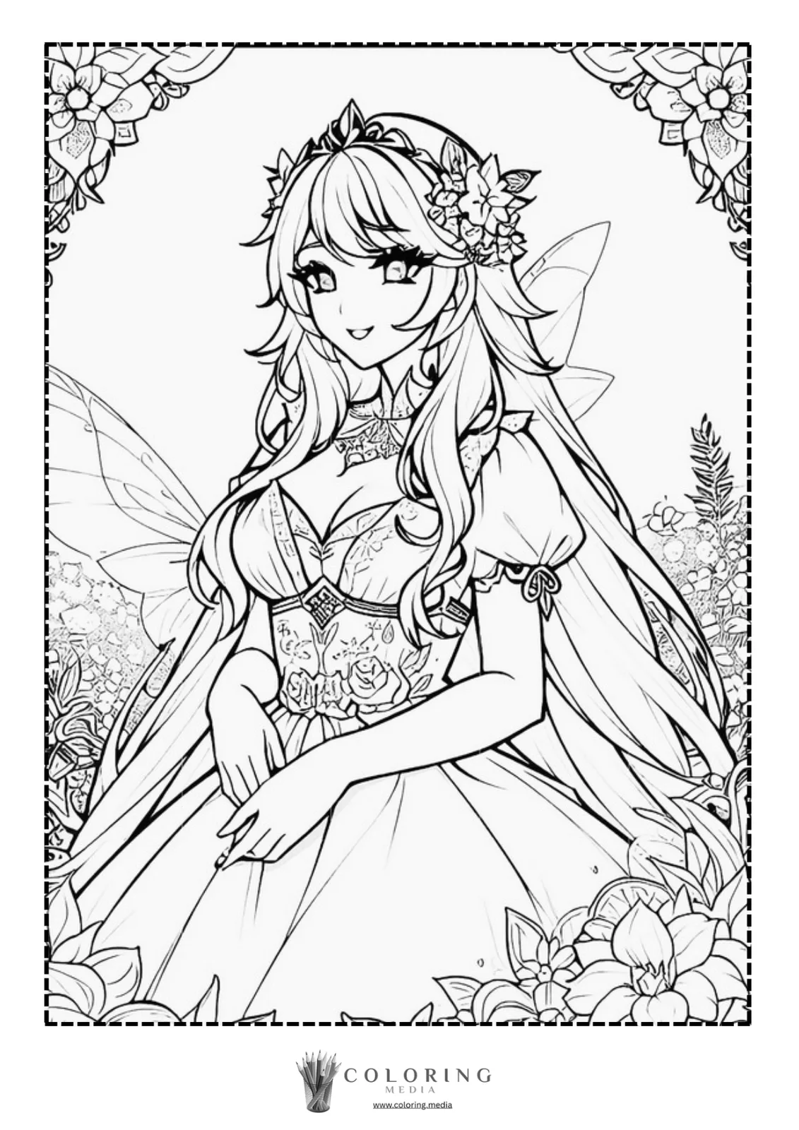 A smiling fairy princess in a floral gown stands gracefully among flowers.