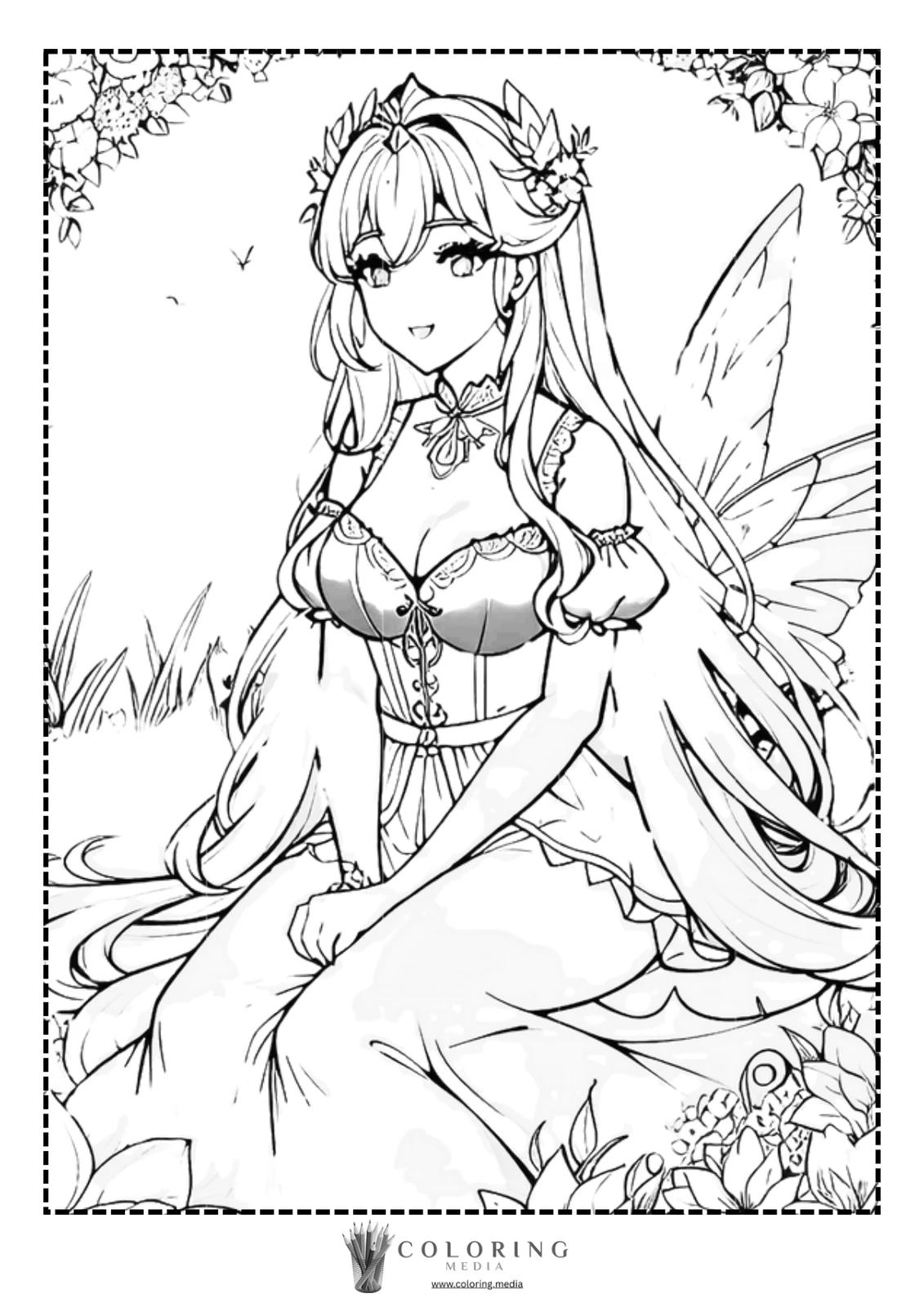 A smiling fairy with long hair sits among flowers, ready for coloring.