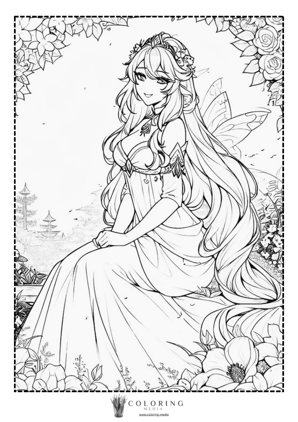 A woman in a flowing dress sits gracefully among flowers and butterflies.