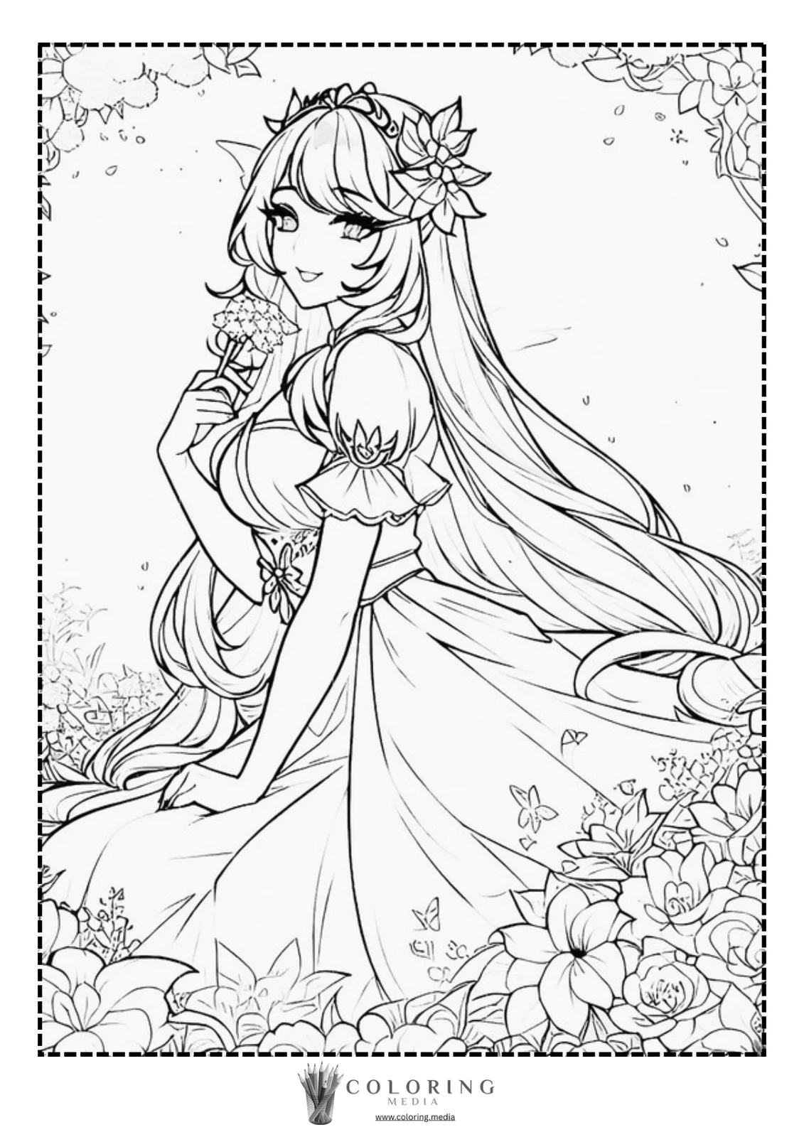 A smiling woman in a floral dress holds a bouquet among blooming flowers.