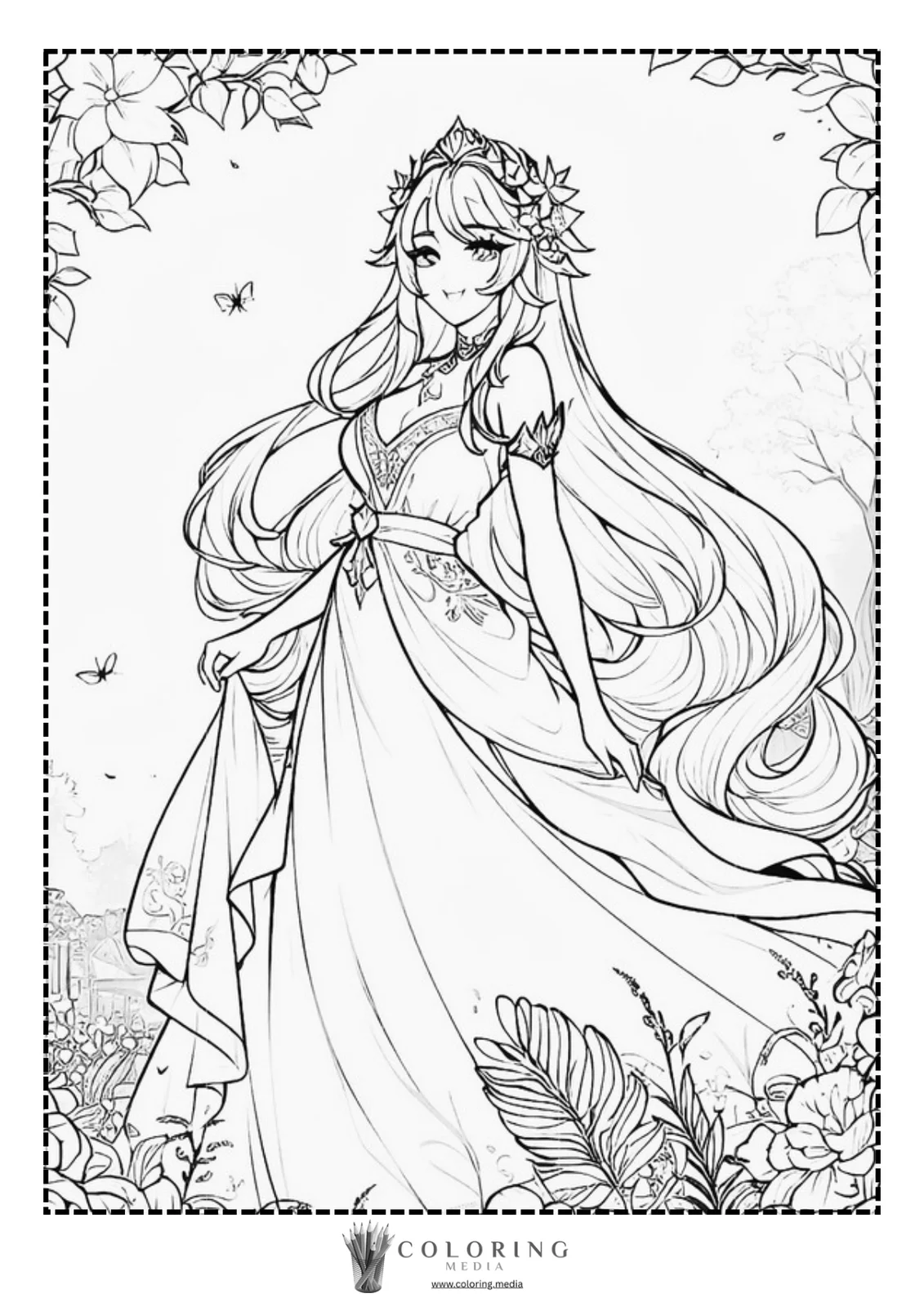 A graceful woman in a flowing dress stands among flowers, smiling gently.