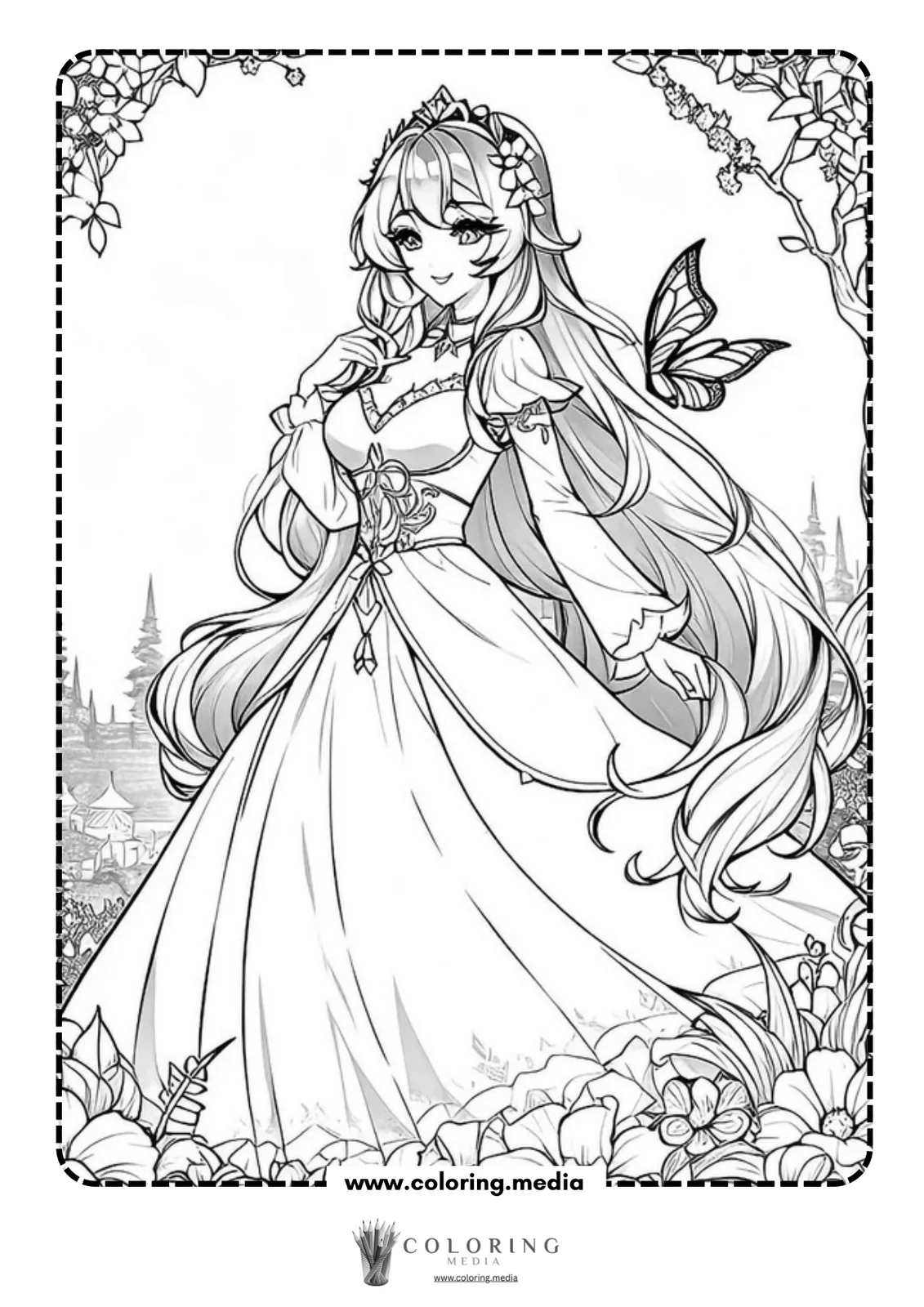 A young woman in a flowing dress stands among flowers, smiling with a butterfly nearby.