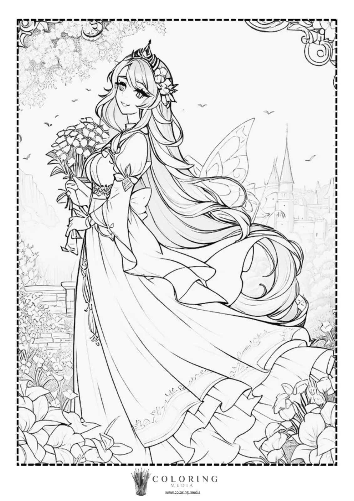 A woman in a flowing dress holds a bouquet, smiling in a garden setting.