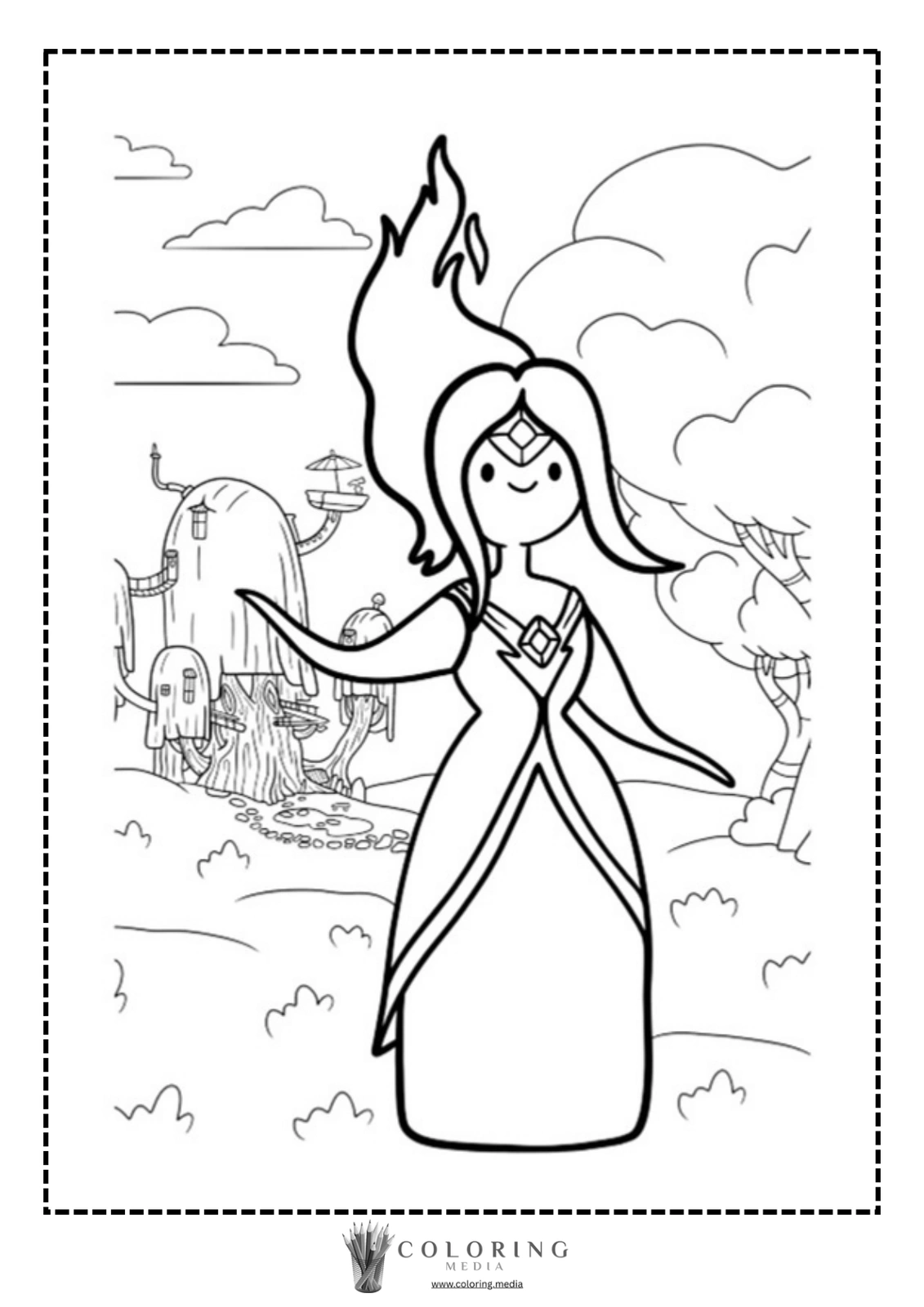 A character with flowing hair and a gown stands amidst a whimsical landscape.