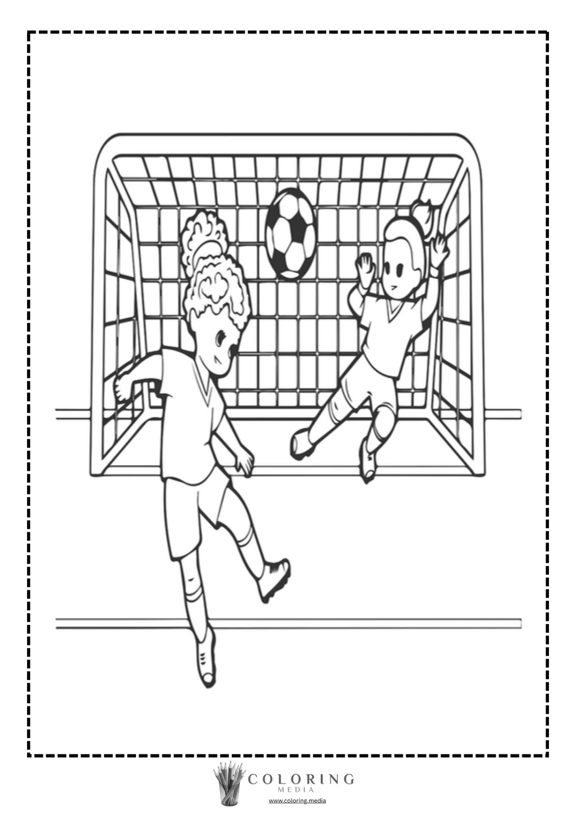 Two children play soccer, one kicking the ball towards the goal.