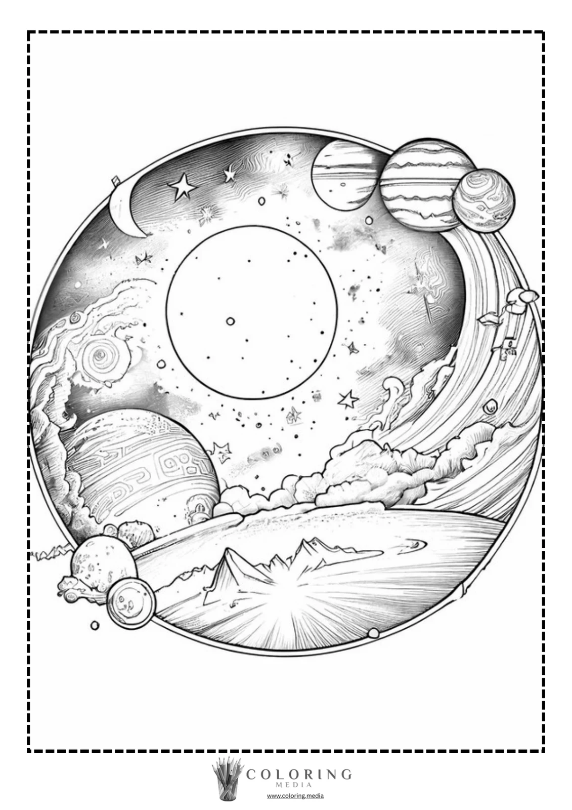 A detailed line drawing of a cosmic scene with planets and stars.
