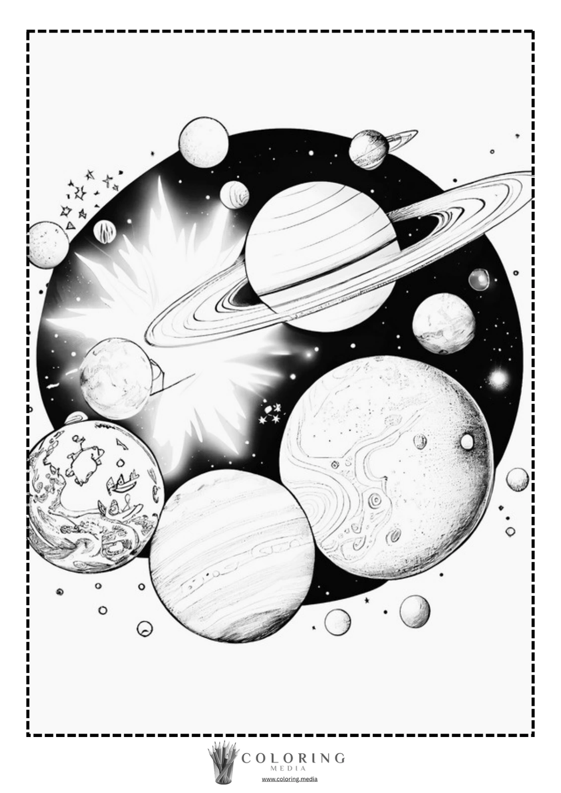 A variety of planets and stars in a cosmic scene, outlined for coloring.