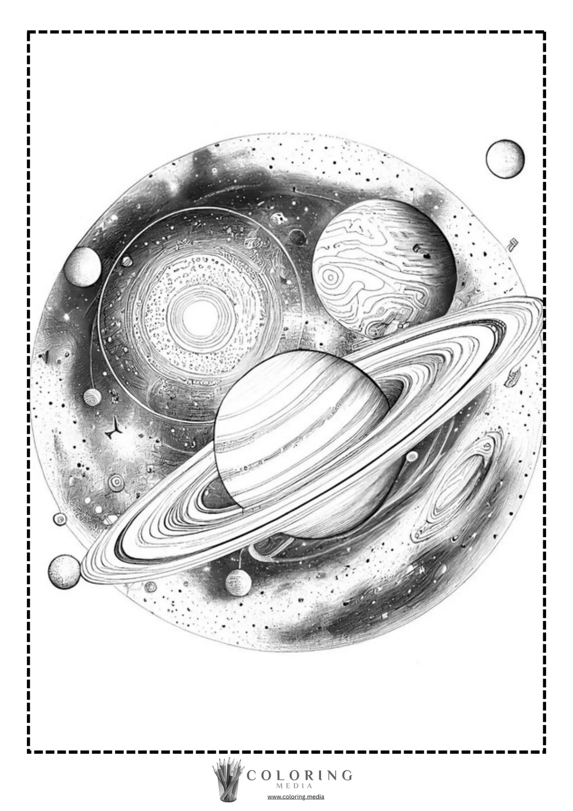 A detailed illustration of planets and space, featuring Saturn prominently.