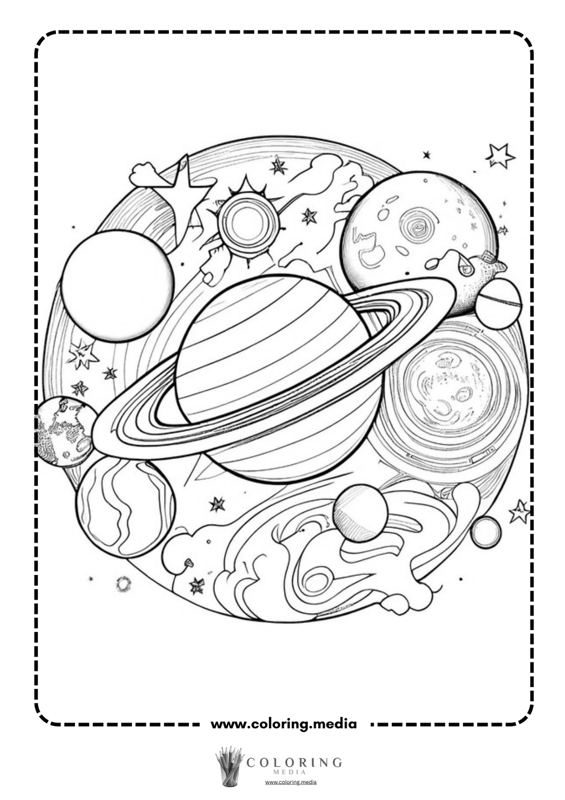 A detailed black-and-white illustration of planets and stars in space.