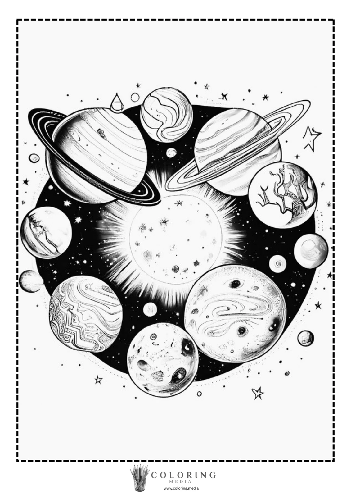 A variety of planets and a sun illustrated in a cosmic scene.