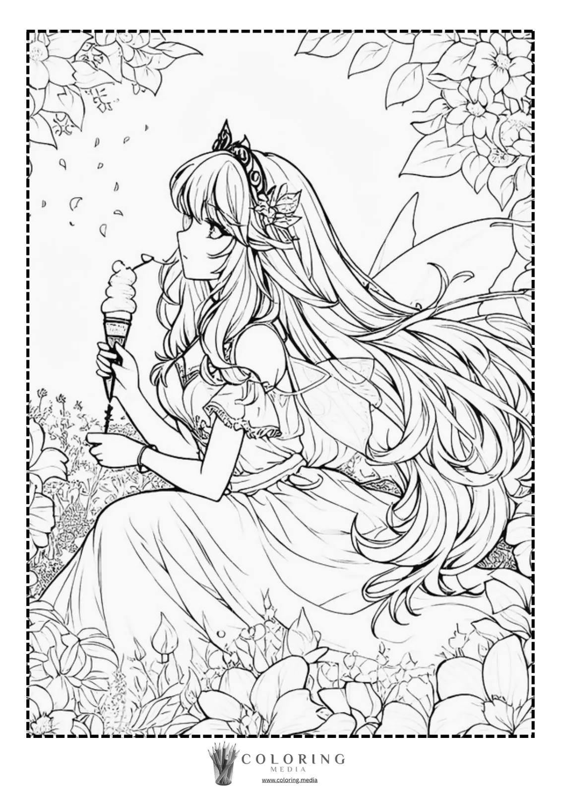 A girl in a flowing dress enjoys ice cream surrounded by flowers.
