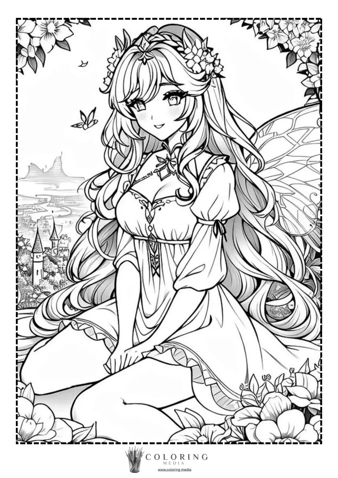 A fairy with long hair sits among flowers, smiling serenely in a scenic landscape.