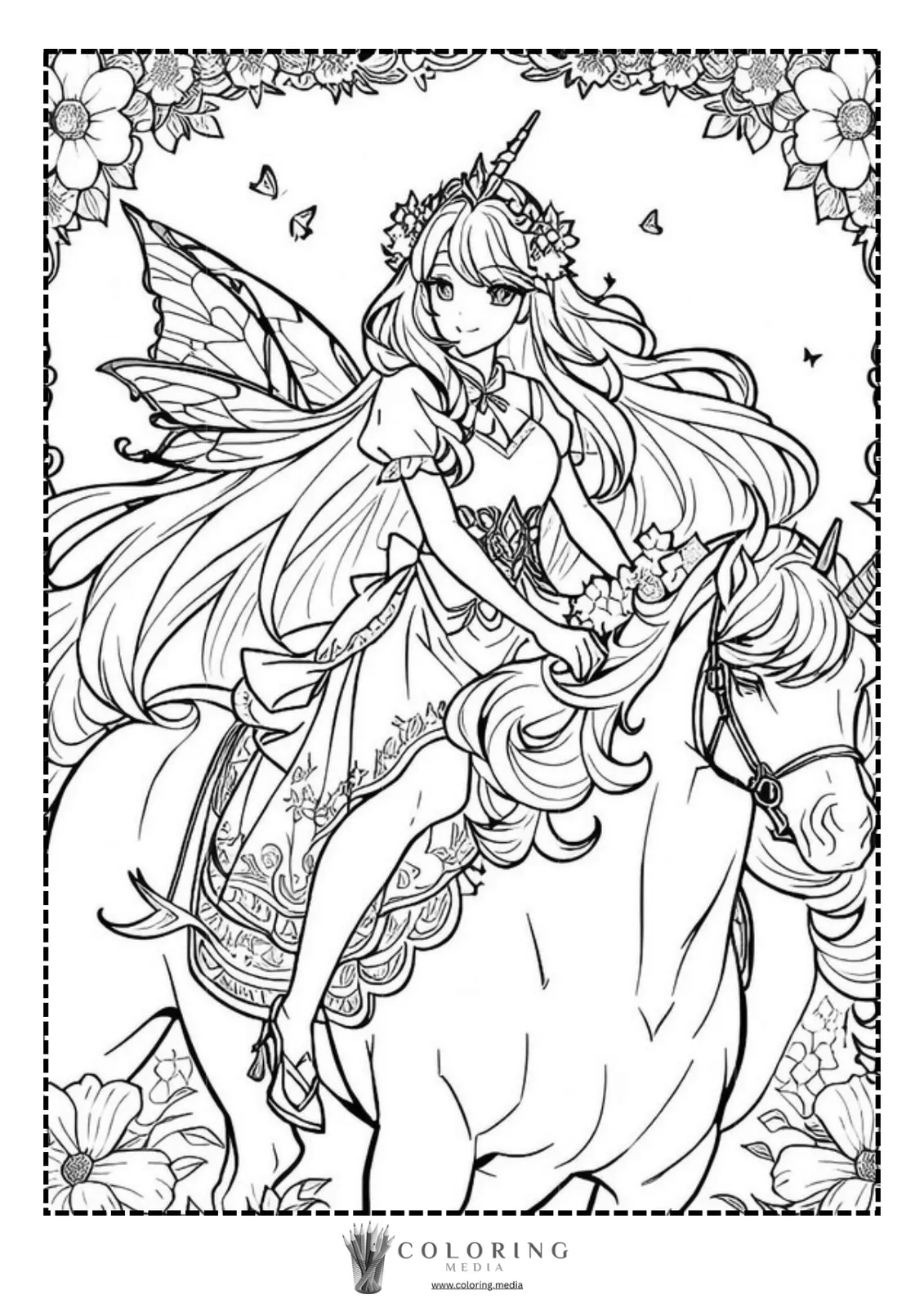 A fairy with long hair rides a decorated unicorn amidst flowers and butterflies.