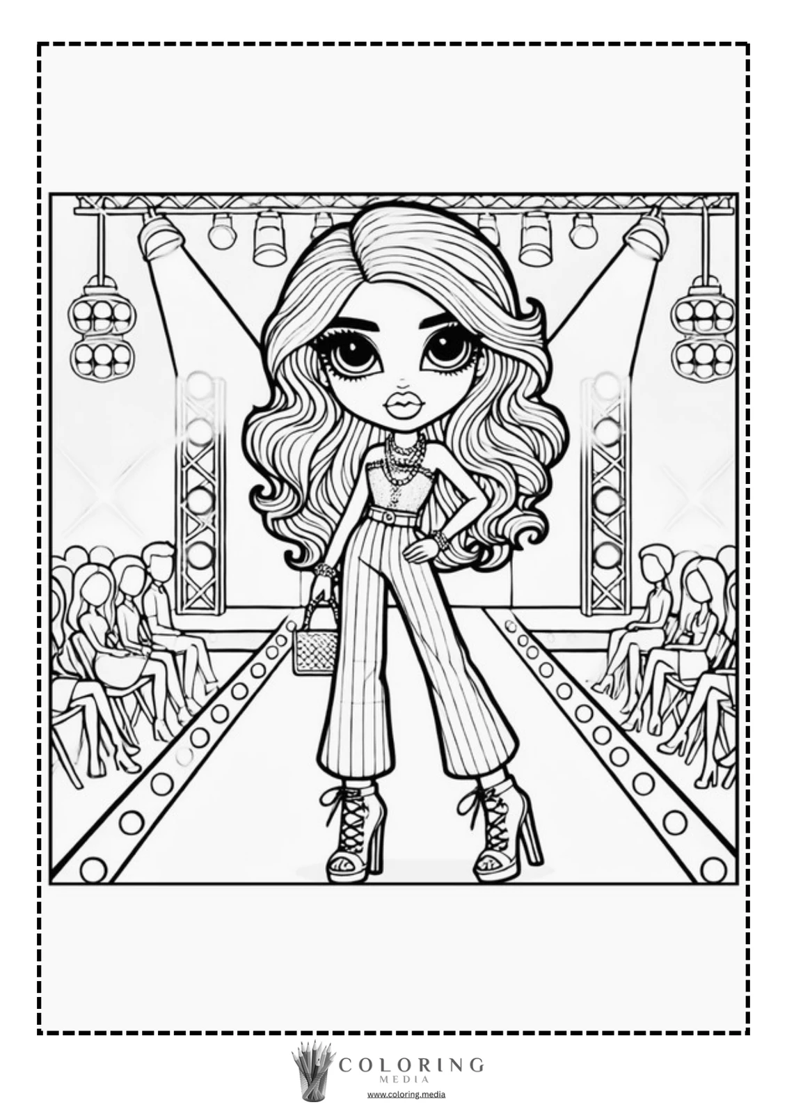 A stylish model walks confidently down a runway, showcasing her outfit.