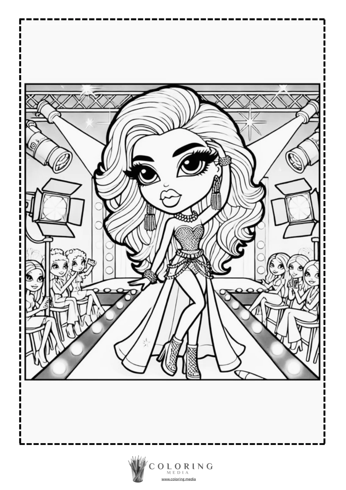 A glamorous character walks confidently down a runway, surrounded by admiring spectators.