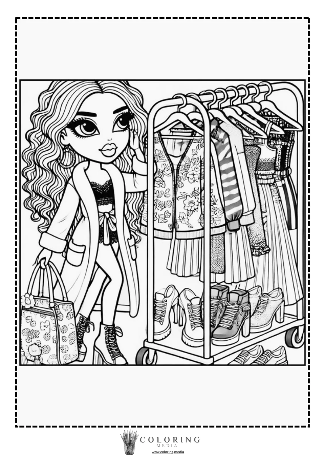 A fashionable girl examines clothing on a rack while holding a stylish bag.