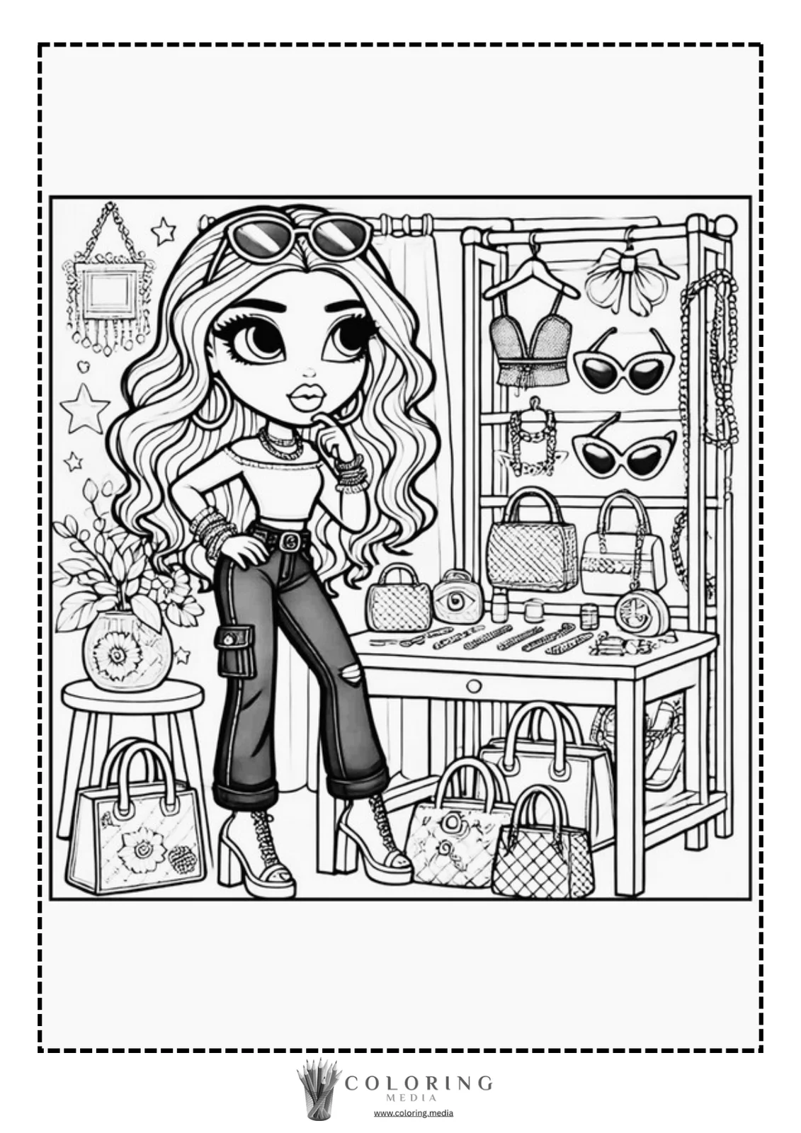 A fashionable girl poses thoughtfully in front of a display of accessories.