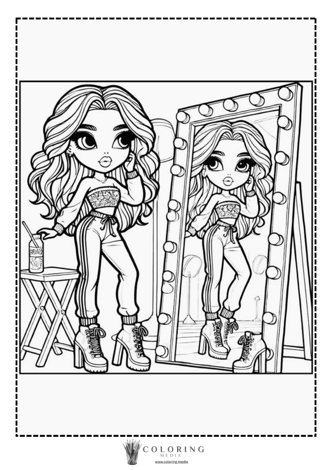 A stylish doll poses in front of a mirror, adjusting her hair.