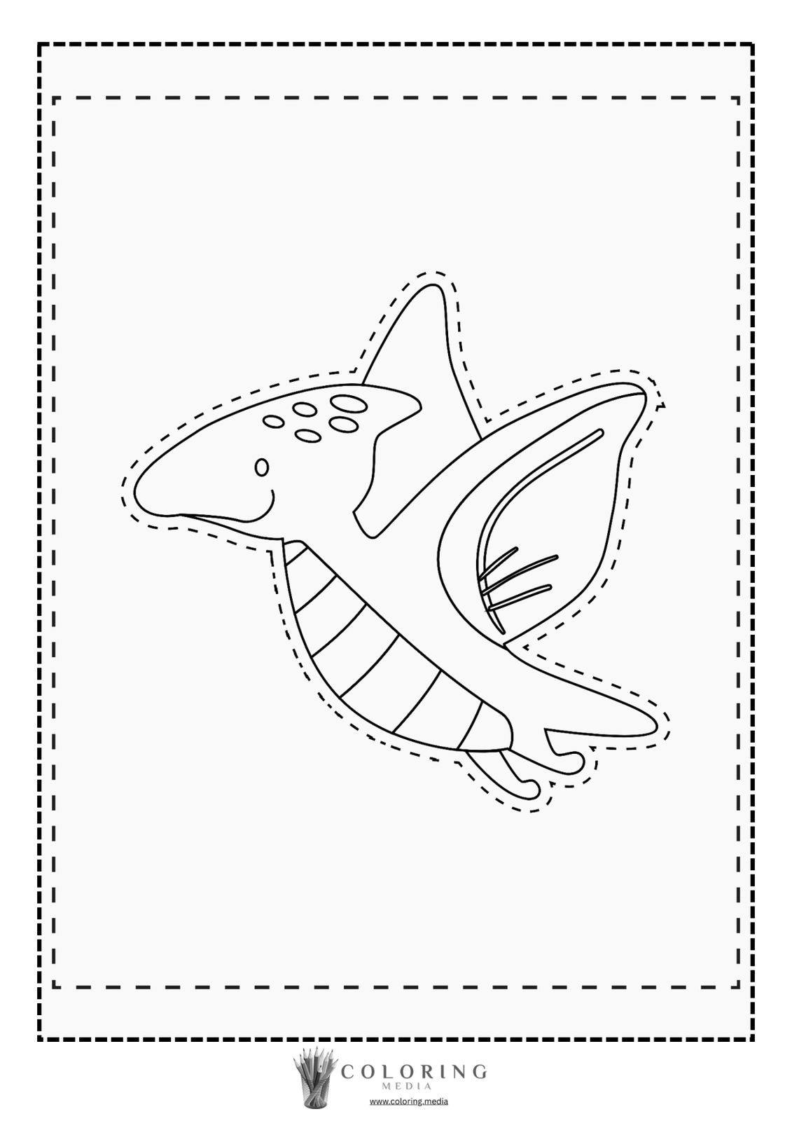 A cartoon pterodactyl outlined for coloring, flying across a blank page.