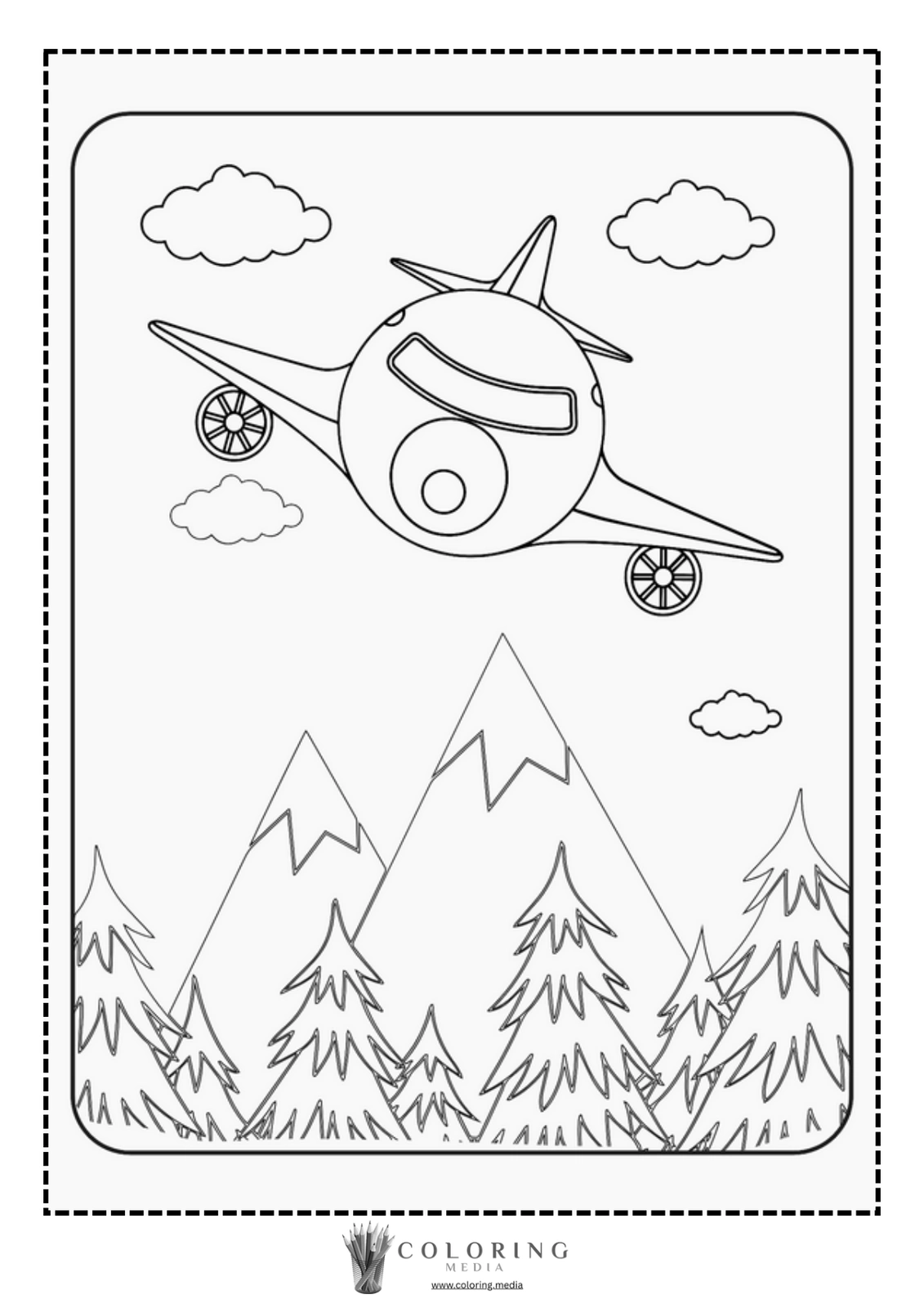A cartoon airplane flies above mountains and trees under a cloudy sky.