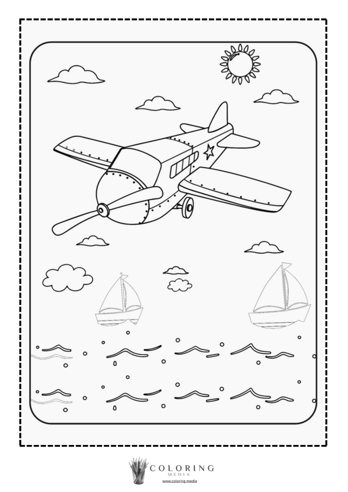 A coloring page featuring an airplane flying above boats on water.