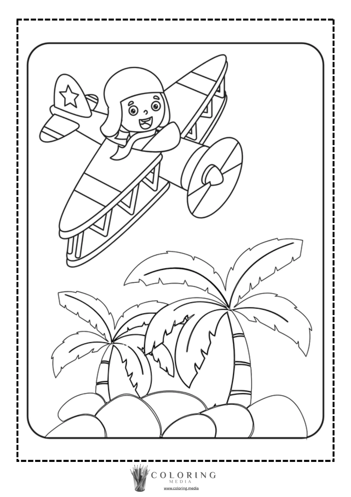 A smiling child pilots a plane above palm trees and rocks.