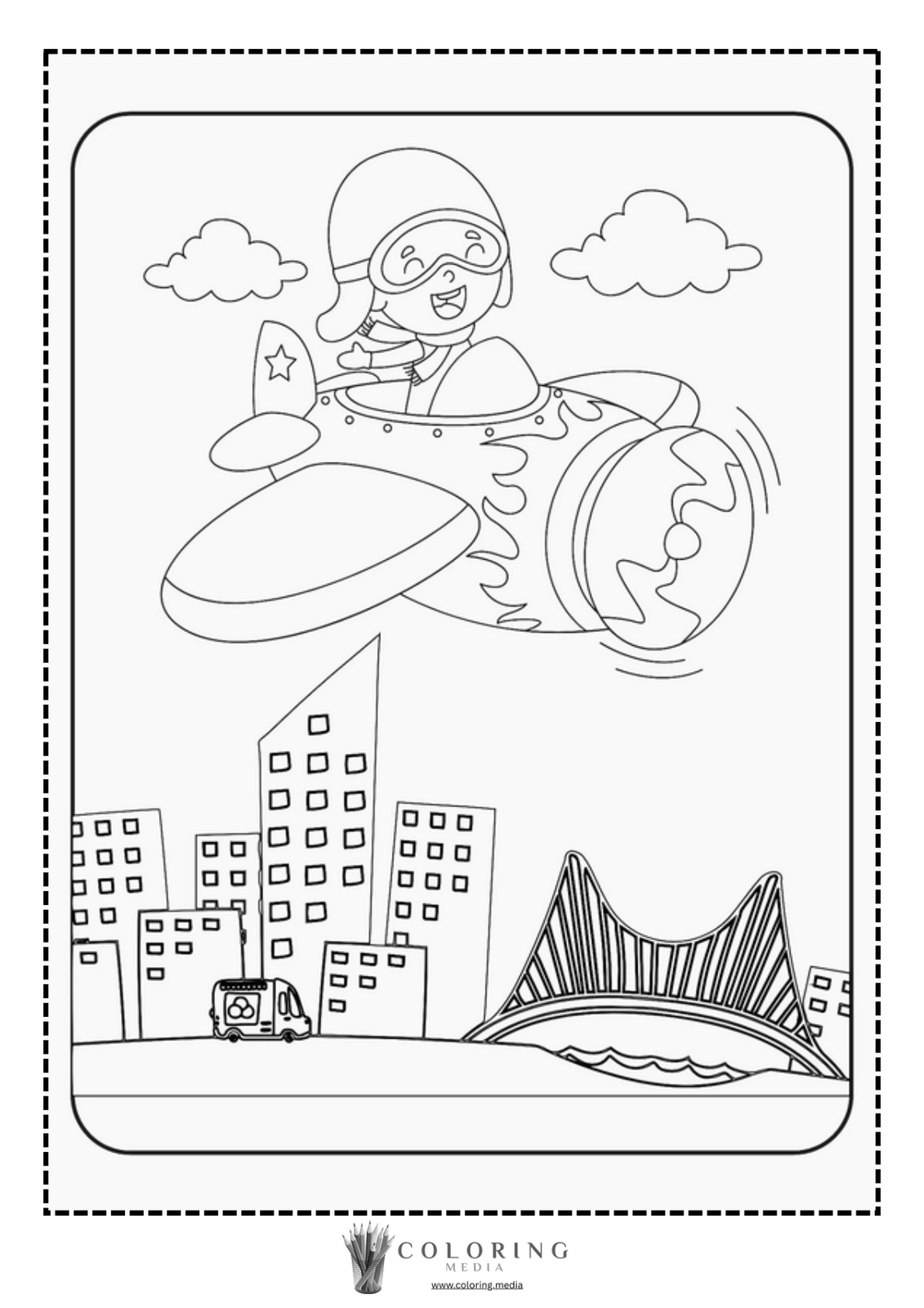 A child pilot joyfully flies an airplane over a city skyline and bridge.