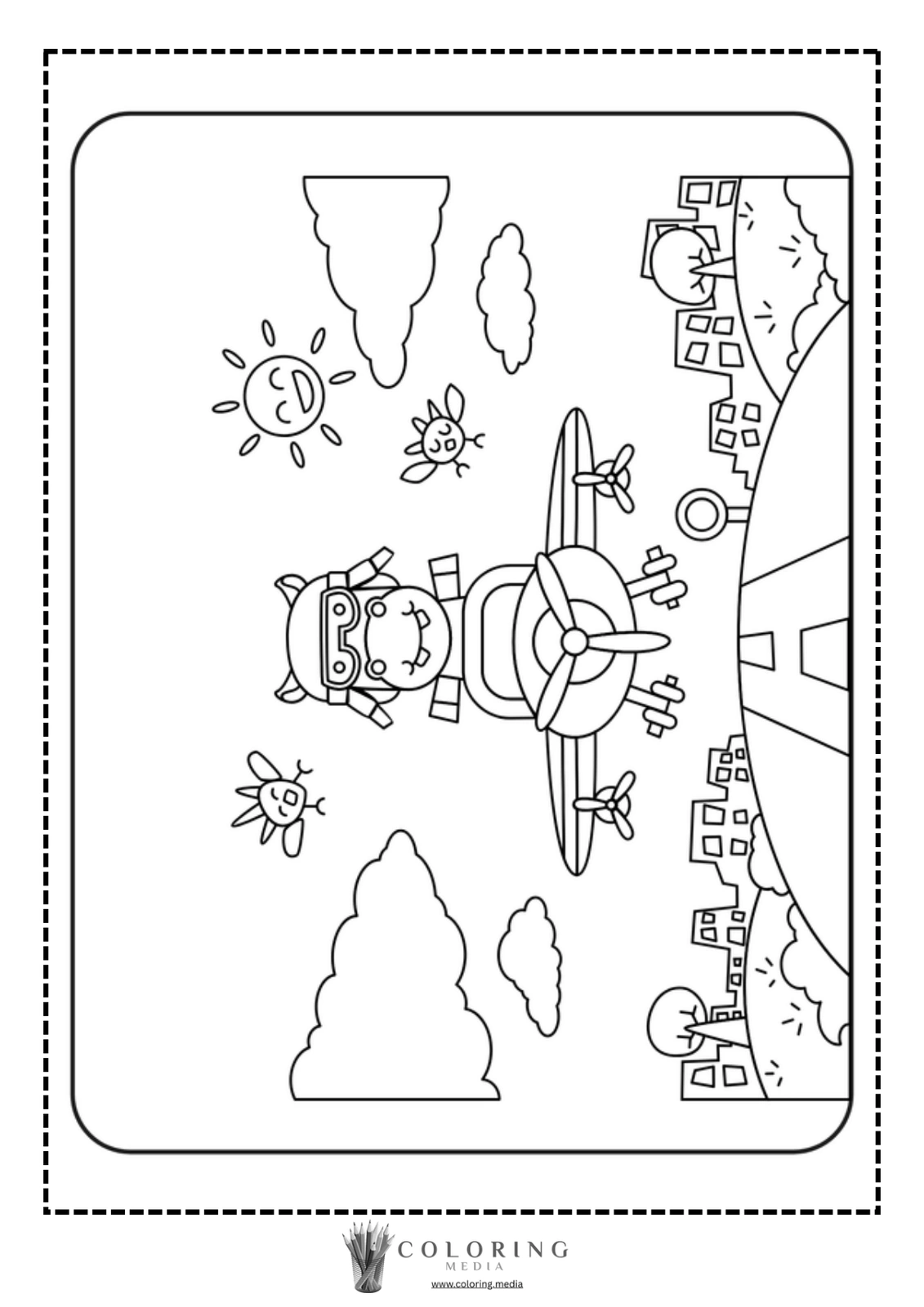 A cartoon pig pilot flies an airplane above a colorful landscape with clouds and sun.