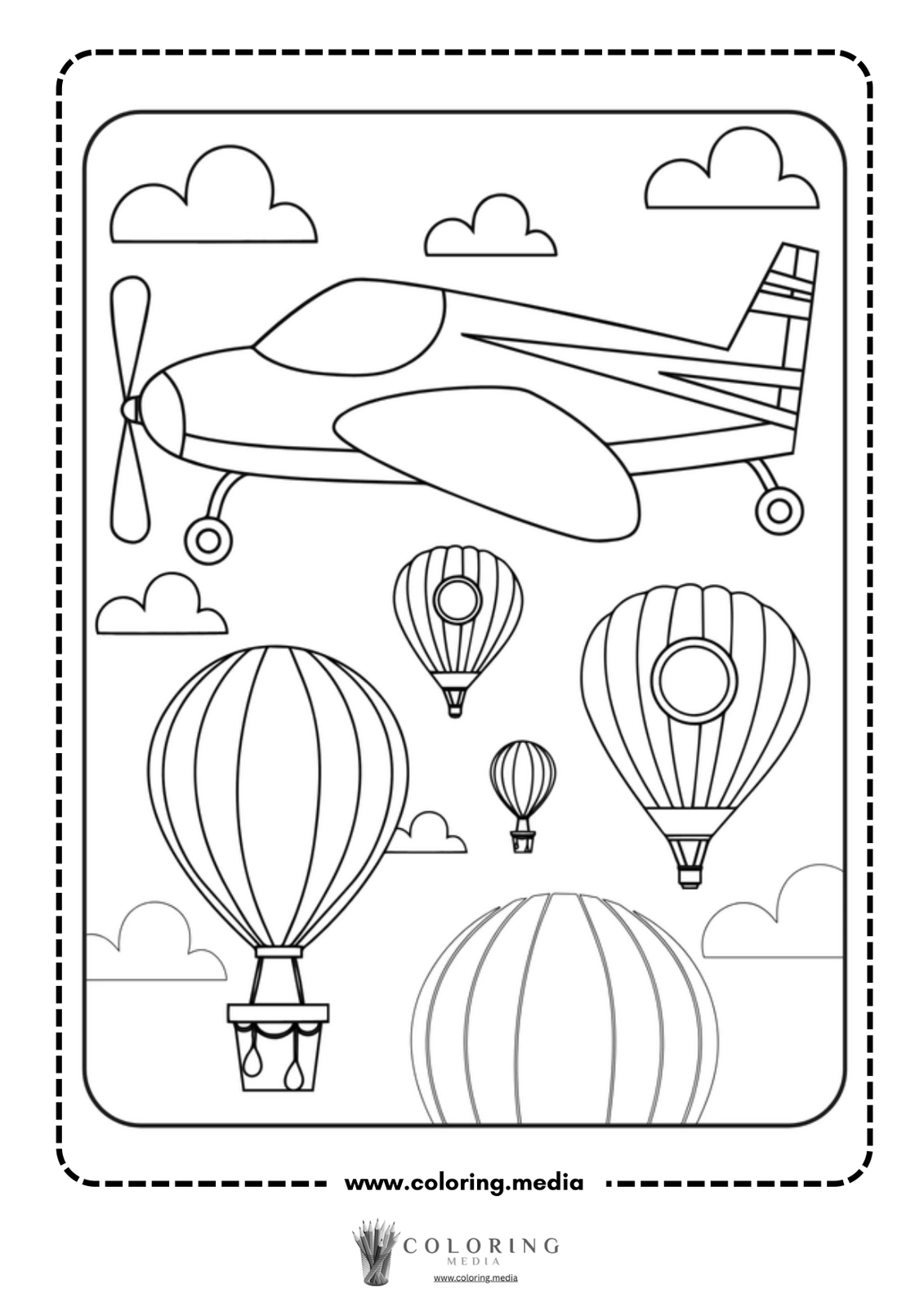 A coloring page featuring an airplane and several hot air balloons in the sky.