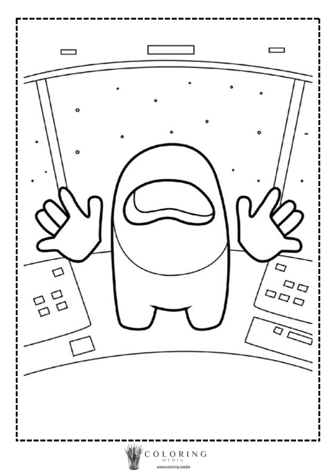 A cartoon character with a surprised expression raises its hands in a spaceship.