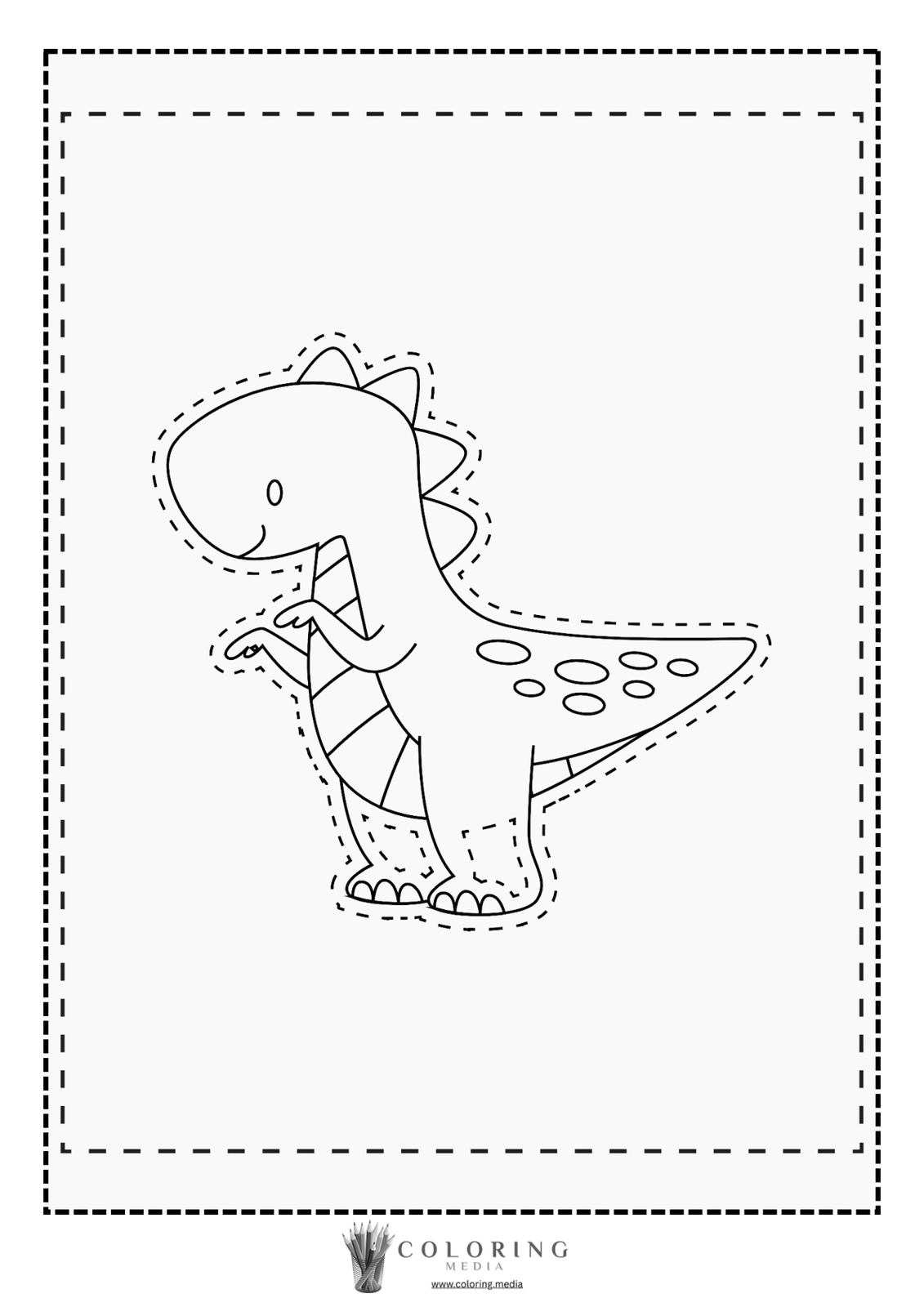 A cartoon dinosaur stands playfully, outlined for coloring.