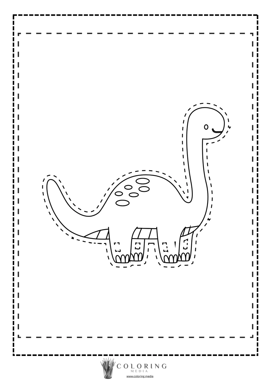 A cartoon dinosaur outlined for coloring, standing in a playful pose.