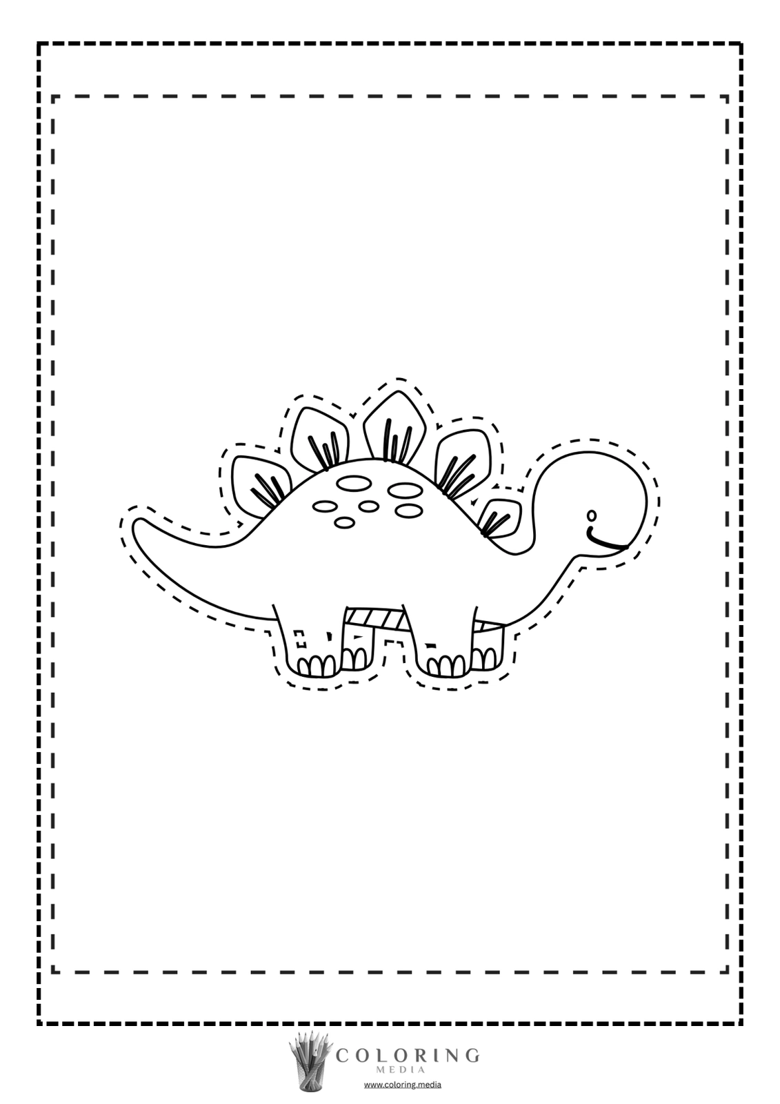 A smiling dinosaur illustration, outlined for coloring, with decorative spikes on its back.