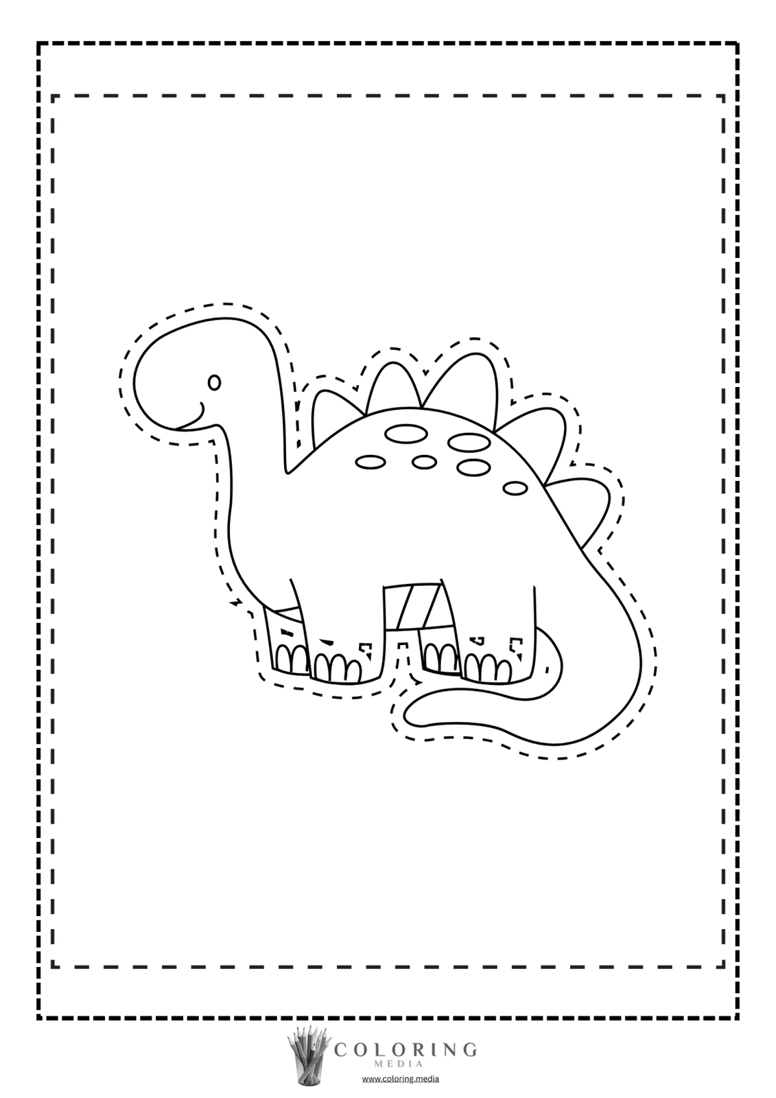 A cartoon dinosaur outlined for coloring, featuring a friendly expression and spikes.