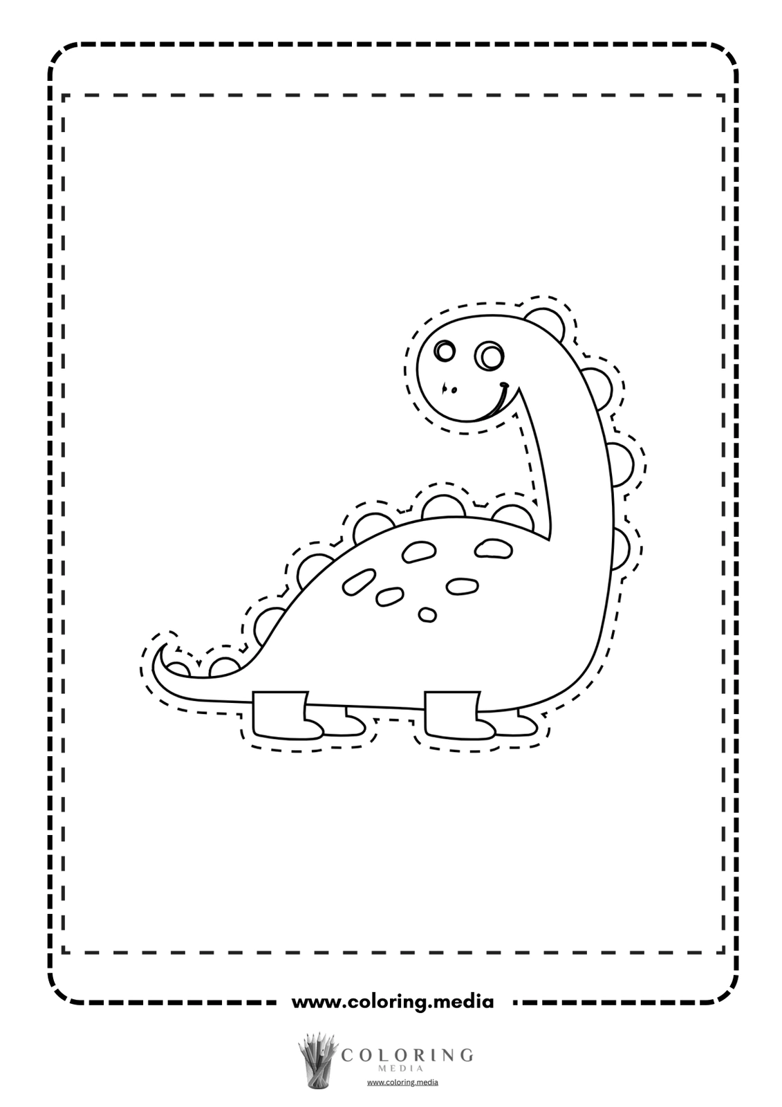 A cartoon dinosaur stands smiling, outlined for coloring.