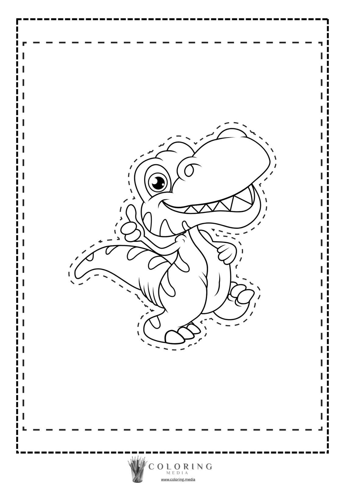 A cheerful cartoon dinosaur gives a thumbs-up, ready for coloring.