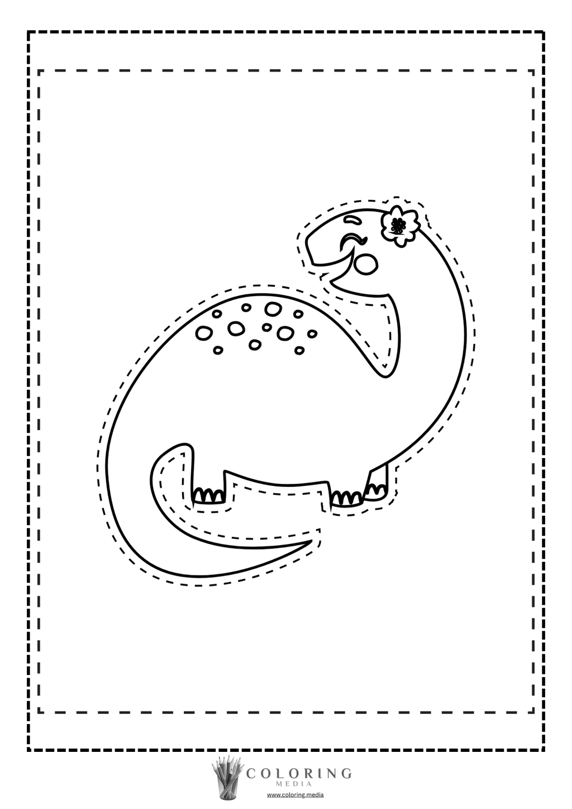 A smiling dinosaur with a flower, outlined for coloring.