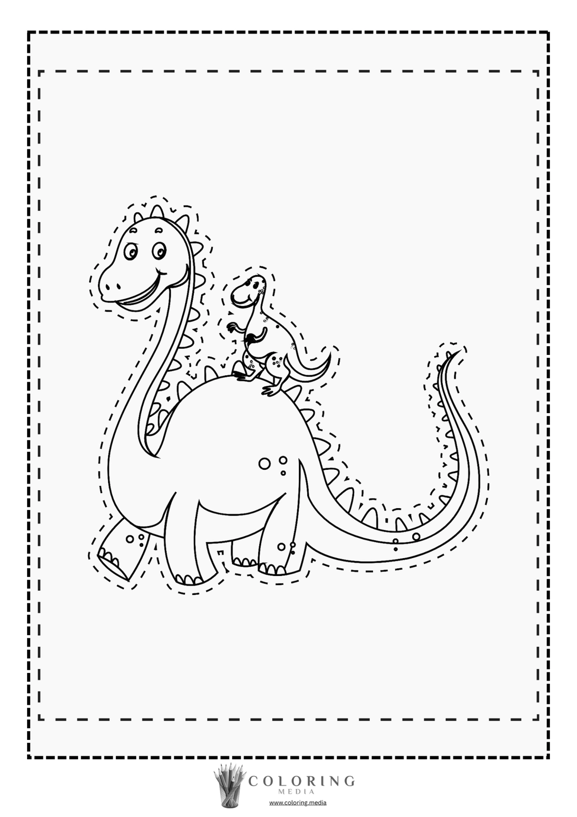 A smiling brontosaurus carries a small dinosaur on its back.