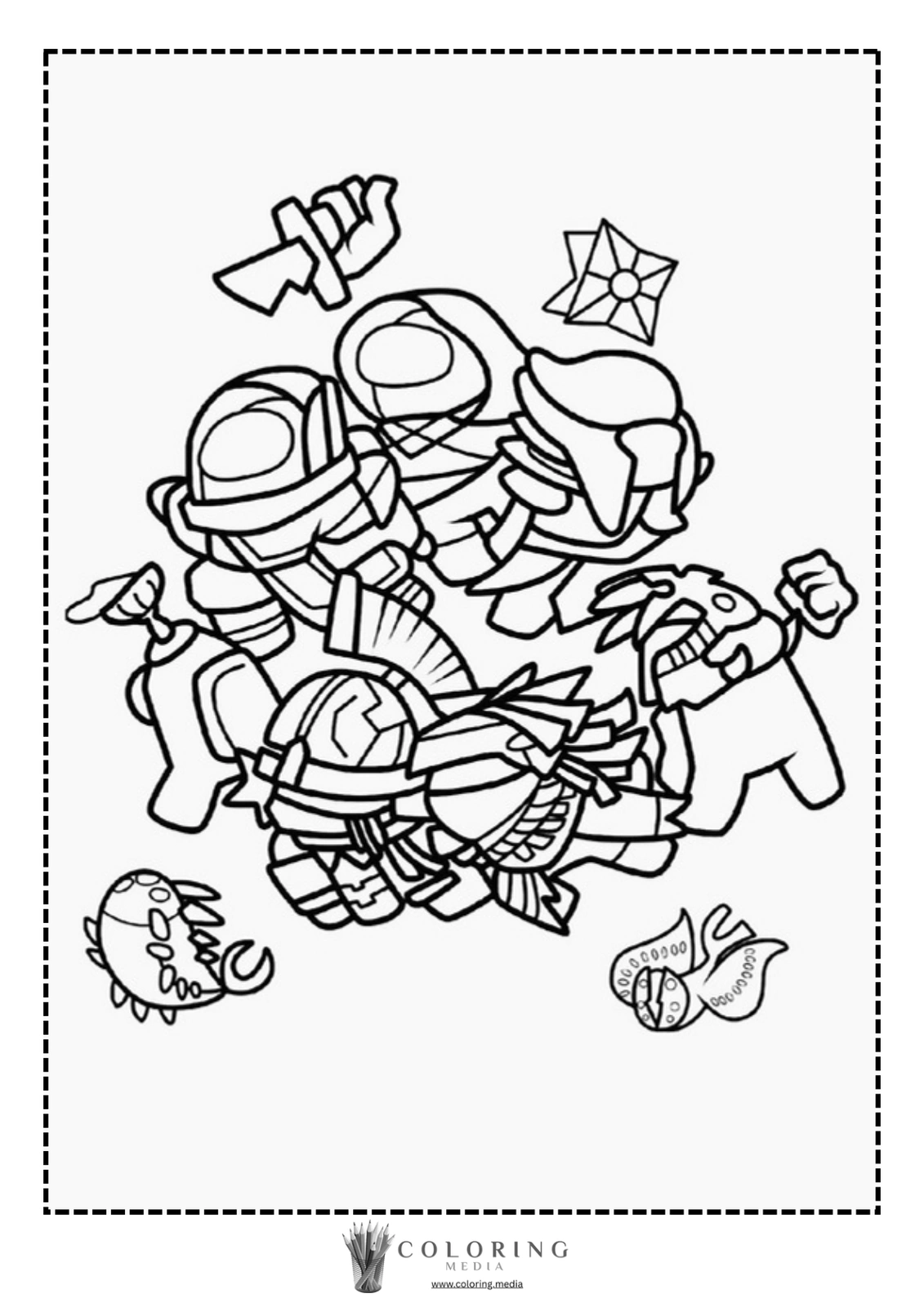 A group of cartoon characters and creatures in a playful arrangement.