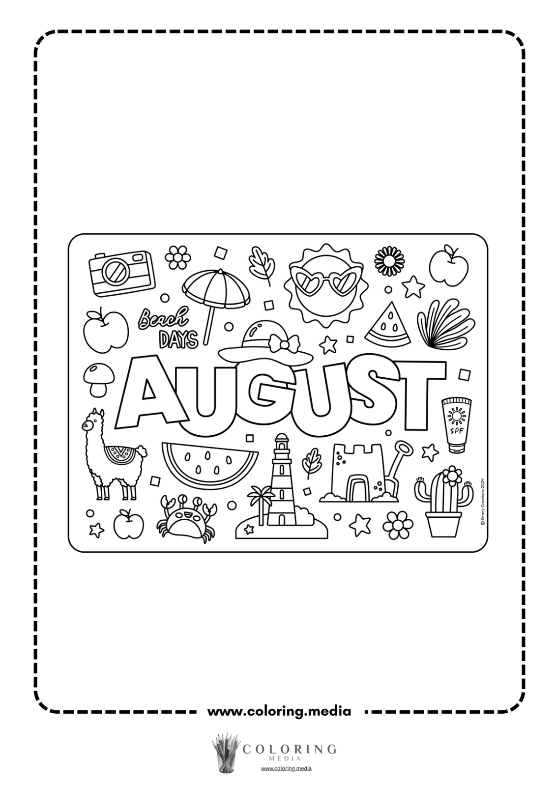 Coloring page featuring "AUGUST" surrounded by beach-themed doodles.